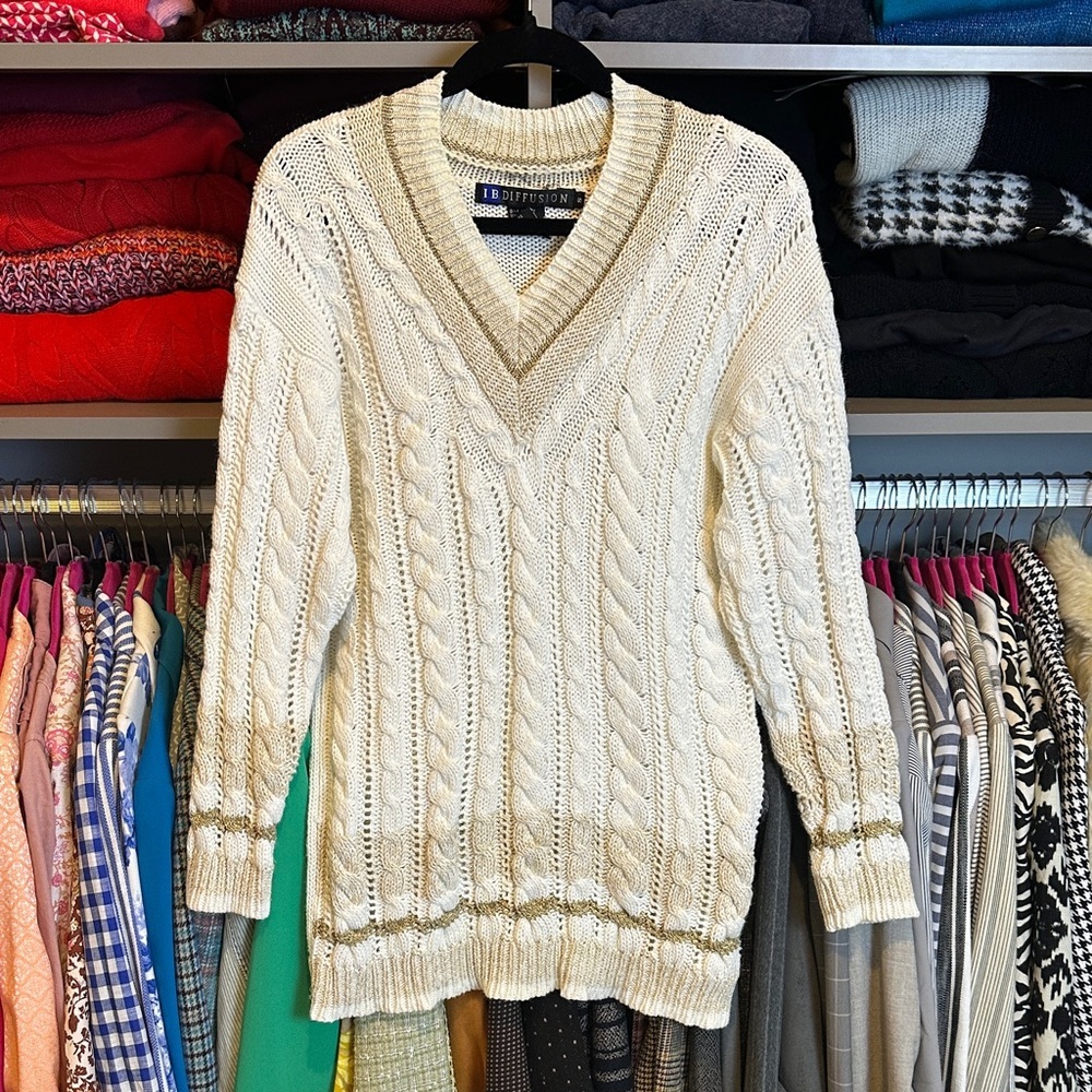 I.B. Diffusion cream/ran/gold v neck long sleeve tunic cable knit sweater size S